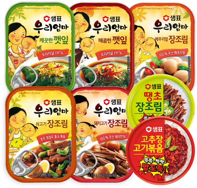 샘표 jeil 우리엄마 반찬 7종세트 일주일패키지 자취생반찬 통조림반찬 밑반찬 깻잎 장조림 우체국소포발송, 1세트, 635g