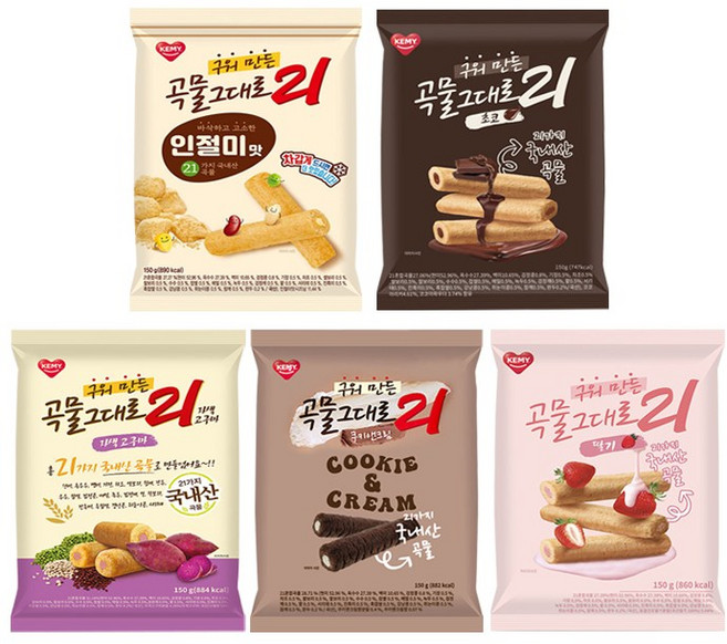 구워만든 곡물그대로 21 크리스피롤 5봉 혼합(인절미1+초코1+자색고구마1+쿠키앤크림1+딸기1), 150g, 5개