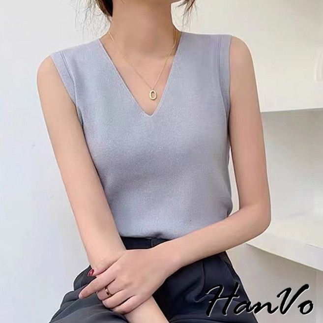 HanVo 簡約時尚V領針織背心，韓系休閒百搭春秋上衣