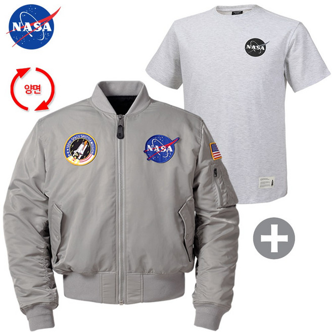 NASA 나사 남녀공용 양면 패딩항공점퍼+면 반팔티 N-851ULG+N-161UMW 투웨이 MA-1 자켓 블루종 잠바 바람막이 아우터 오버핏 남자 여성 1+1 반팔티 면티 티셔츠