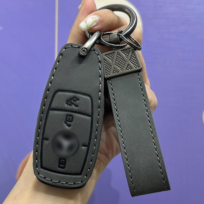 適用於 Benz 賓士 鑰匙套 CLA GLA GLC C300 A180 AMG 高質感皮革汽車鑰匙皮套, 灰色, C款