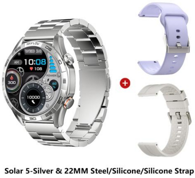 [가성비 스마트워치] HAYLOU Solar 5 음성 통화 스마트 워치 1.58 AMOLED 디스플레이 60Hz 시계 지원 남성용 스포츠, Silver-Three Straps, 22mm, 블루투스