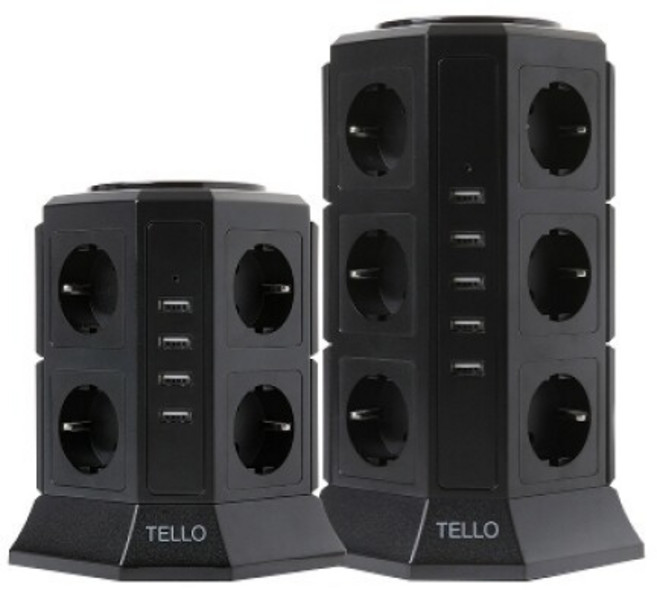 TELLO 스마트 서지 보호 PA66 고용량 과부하차단 USB 타워 멀티탭 12구, 2m, 블랙, 1개
