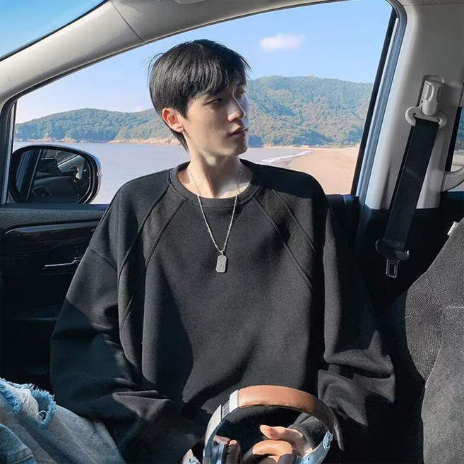 ANYOU 남성 맨투맨 스웨트셔츠 오버핏 레이글루브 소매 시보리 마감 베이직 긴팔 이너 캐주얼 상의