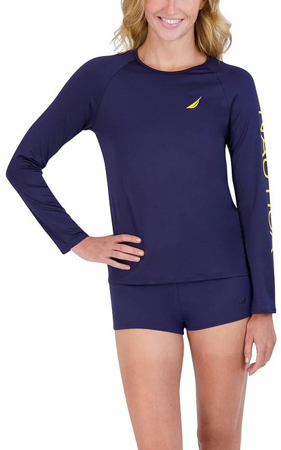 Nautica 여성용 긴소매 래쉬가드 - 빠른 건조 UPF 보호 수영 셔츠 수영장 해변 하이킹 요가 배구 심해 S 172899, L, 단단한 바다