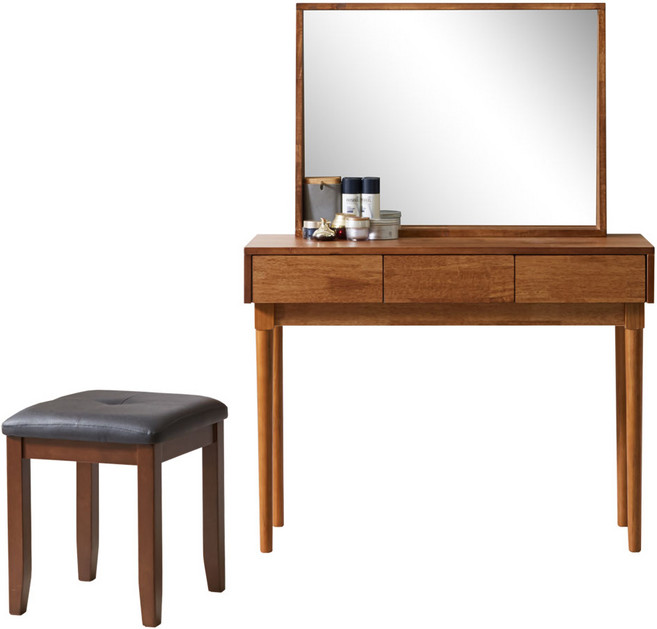 이모션 고무나무 원목 화장대 UV도장 마감 탁상형거울 수납화장대, 화장대+의자_브라운