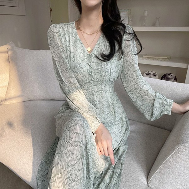 레티고 휴양지 브이넥 허리밴딩 셔링 원피스