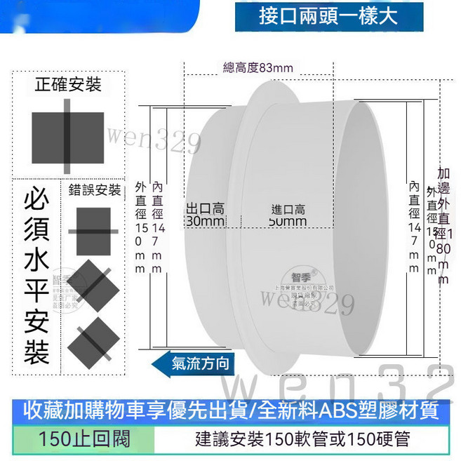 逆止閥 通風管道止回閥 PVC160圓形換氣扇 排油煙機逆止閥 風管逆止閥鋁箔風管逆止 浴室通風管風管配件 逆止風門, 150型號/兩邊接150款管, 1個