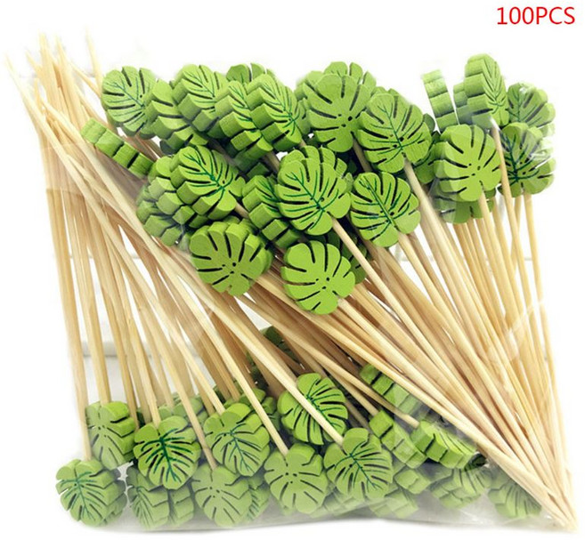 100 pcs 4.7 인치 수제 자연 파티 이쑤시개 장식 대나무 칵테일 픽, 녹색, 둥근 잎, 1개, 100개