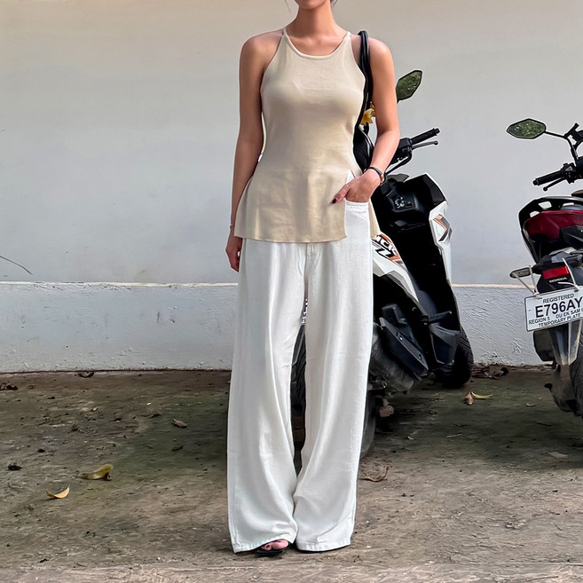[비치팜]썸머 코튼 린넨 팬츠 여성 비치웨어 와이드 일자 루즈핏