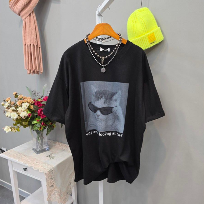 냥이 프린트 박스핏 반팔티
