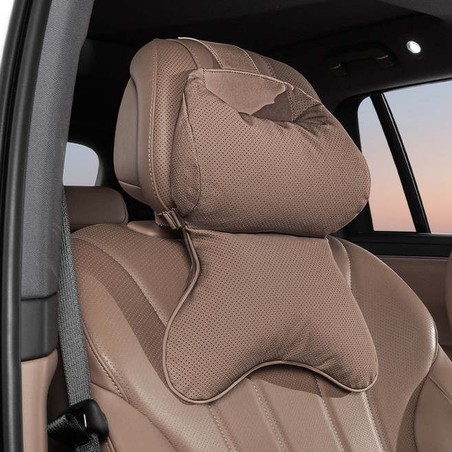 차량용 목쿠션 허리쿠션 프리미엄 요트 가죽 클라우드 솜 메모리폼 숨쉬는 타공 원단 목 보호 쿠션 사계절 공용 통기성 타공 자동차 시트 등받이 쿠션, [체스트넛 브라운] 목쿠션, 1개