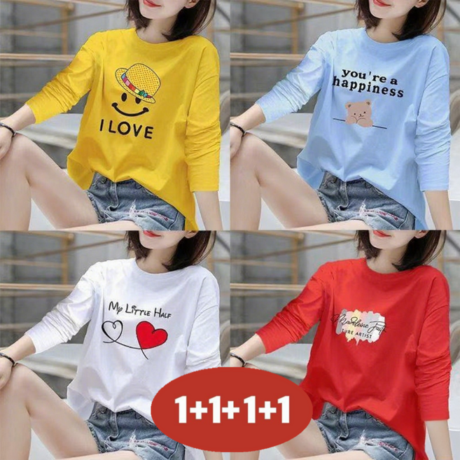 오스틱니 (완전 편한) 100kg까지 1+1+1+1 여성 프린트 라운드넥 긴팔 티셔츠 봄가을 추천 빅사이즈 캐릭터 프린팅 홈웨어 학생복 중년 큰옷 여성의류 여자 긴팔 티 4종 세트