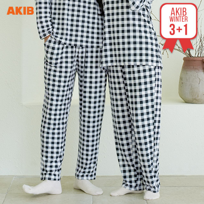 아킵 밀키기모 남성 여성 빅사이즈 체크 피치기모 수면 커플 잠옷 바지 9부 10부 와이드