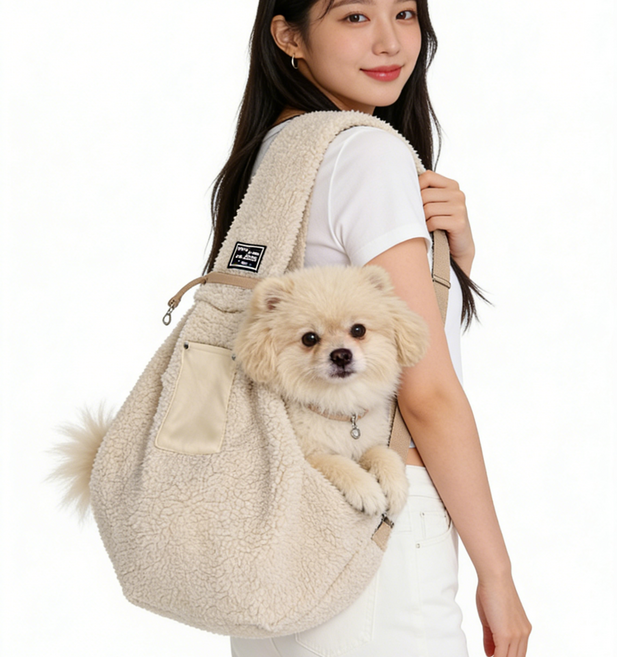 JcOuni반려동물 편안한 밀착 슬링백 이동가방 강아지 고양이 포대기 앞가방 숄더백, 1개, 아이보리