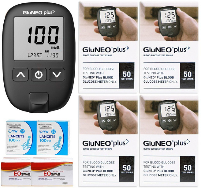 루하컴퍼니 오상헬스케어 글루네오 플러스 혈당측정기 + 시험지 200p + 채혈침 210p + 알콜솜 200p, 1세트