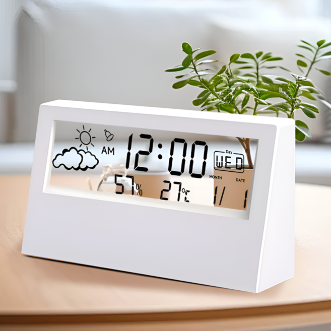 사각마켓 올인원 투명 LCD 날씨 온습도 알람 소형 탁상시계, 화이트