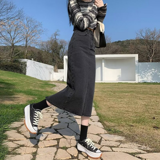 牛仔裙 夏季半身裙 女 中長款 開叉 高腰 顯瘦 半裙