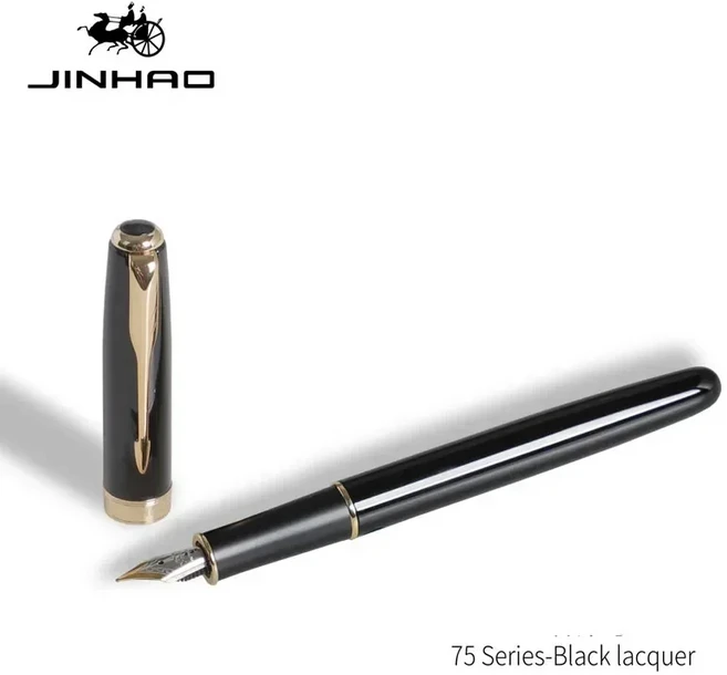Jinhao 75 금속 만년필 0.5mm 펜촉 럭셔리 우아한 블랙/블랙 레드 잉크 쓰기 사무실 학교 용품 편지지, 01 F 0.5mm, 02 Black-Gold