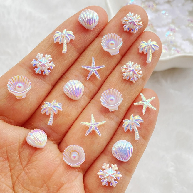 50pcs 캐릭터 귀여운 미니 AB색 불가사리 조개 눈꽃 야자수 손톱 아트 수지 디자이너 매력 DIY 3D 액세서리 보석, mixed, 50개, 무미