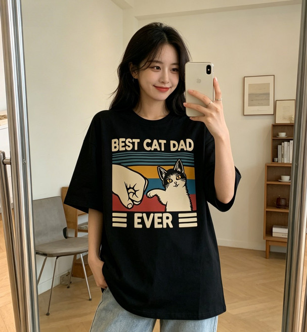 남녀공용 "BEST CAT DAD EVER" 빈티지 고양이 프린트 200G 면 반팔티셔츠 라운드넥 오버핏 빅사이즈 루즈핏 썸머 통기성 베이직 무지반팔티