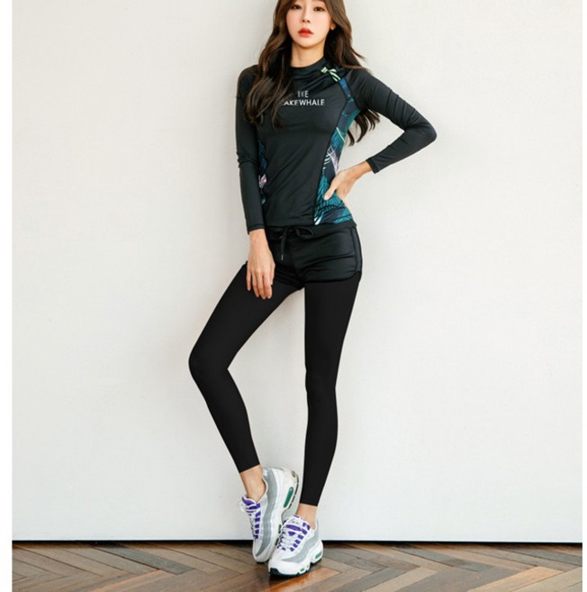 男/女 長袖泳衣套裝 防曬速乾水母衣 拉鍊泳裝, 女款 - 印花: 四件式 (長袖上衣),XL