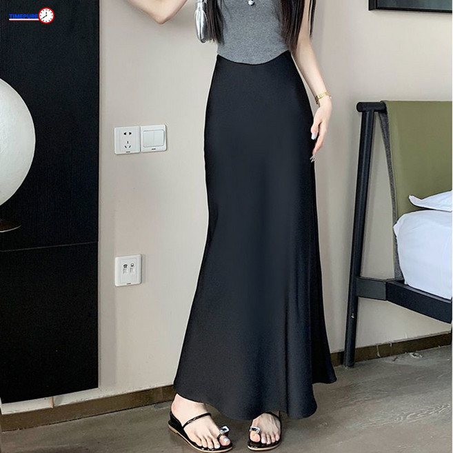 여성 하이웨스트 고광택 밴딩 실크 새틴 머메이드 롱 스커트