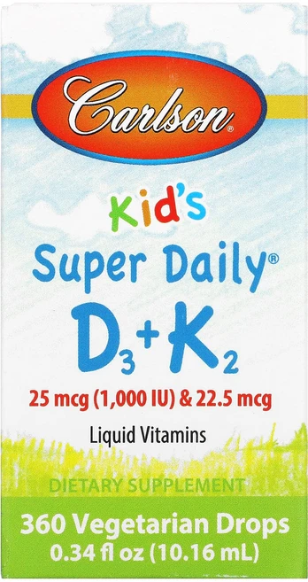 칼슨랩스 키즈 슈퍼 데일리 D3 K2 25mcg 1000IU 22.5mcg 10.16ml 0.34fl oz, 1개, 240정 - 쿠팡