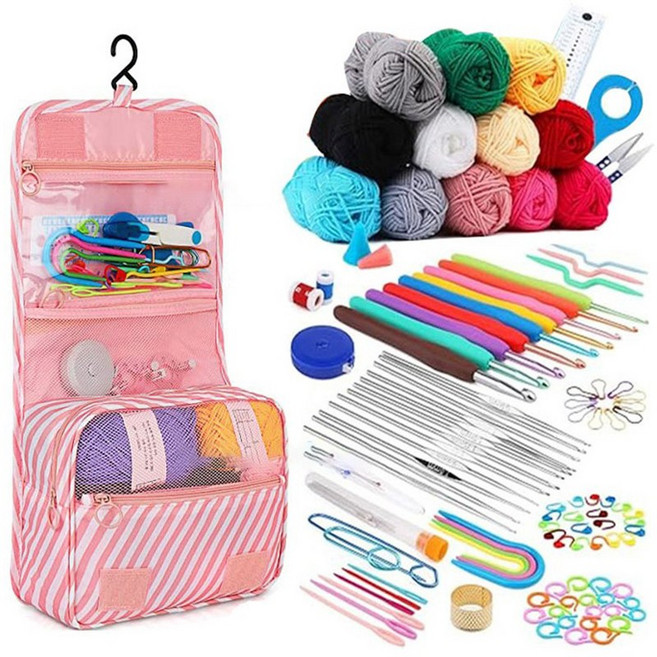혜신 코바늘 니트 초보 학습 세트 수납 포켓 구비 뜨개질도구 세트 믹스 컬러, 1세트, 핑크 118개