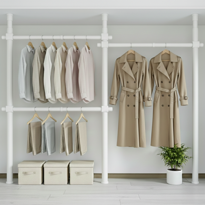 32파이 와이드 3단 행거 설치형 튼튼한 시스템 행거, 넓이 200-360cm x 높이 110-260cm