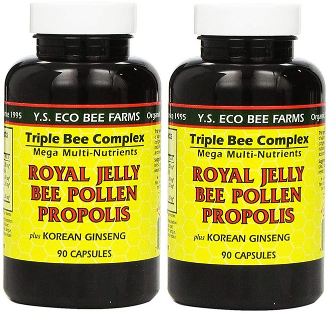 YS Eco Bee Farms Royal Jelly Bee 꽃가루 프로폴리스 플러스 한국 인삼 90캡슐 (2팩), YS Eco Bee Farms, Royal Jelly, 90