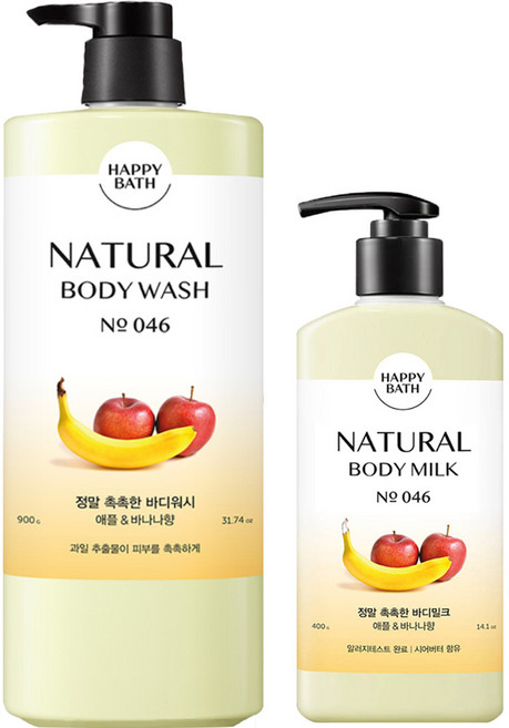 해피바스 내추럴 정말 촉촉한 바디워시 900g+정말 촉촉한 바디밀크 400g 애플바나나향 바디세트, 1세트
