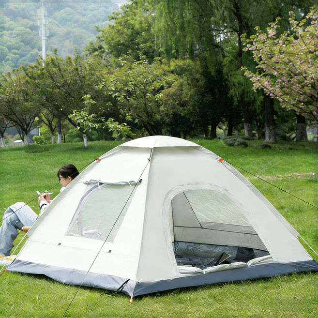 자동 개방 텐트 통기성 메쉬 창문 야외 캠핑 소형 텐트, 3~4인, 화이트