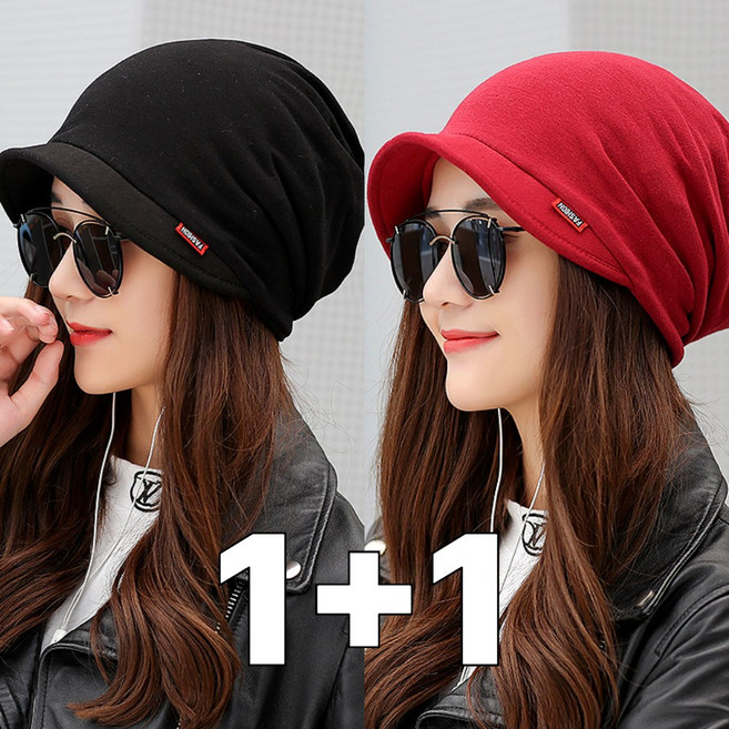 우아한클릭 1+1 여성 봄 가을 겨울 챙모자 면 방한 두건 비니 중년