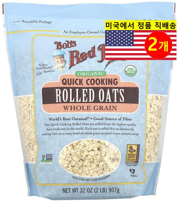 Bob's Red Mill 건강하고 맛있는 식사 간식용 빠른 조리 오가닉 통곡물 롤드 오트 납작 귀리 907g 1개, 2개