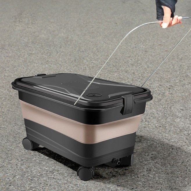 HK sell 오이 접이식 바퀴형 멀티 물통 22L 대용량 캠핑 세차용 빨래 바스켓 이동식, 1개, 브라운