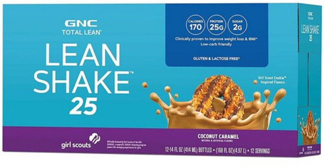 GNC 린 쉐이크 25 코코넛 카라멜 414ml x 12병 걸스카우트 분리 유청 단백질, 1개