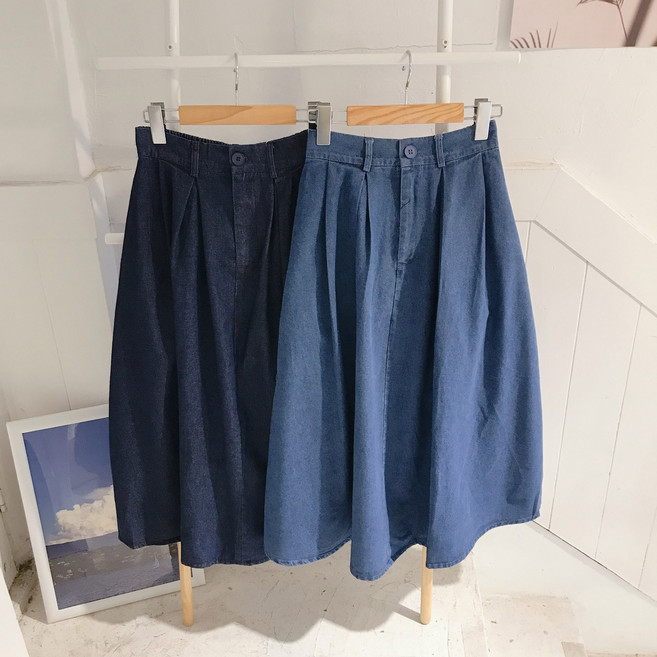 데님 주름 밴딩 스커트