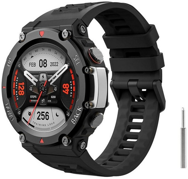 MoKo Amazfit T-Rex 2 아웃도어 GPS 스마트워치와 호환되는 시계 밴드 부드러운 실리콘 교체 스트랩 스포츠 손목 금속 스크루 드라이버 데저트 카키, 블랙