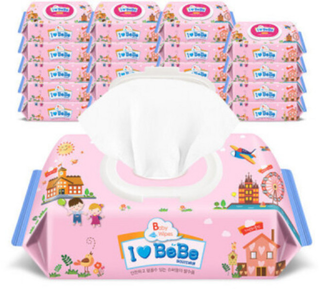 아기물티슈 핑크 캡형X20팩 100매 대용량, 43g