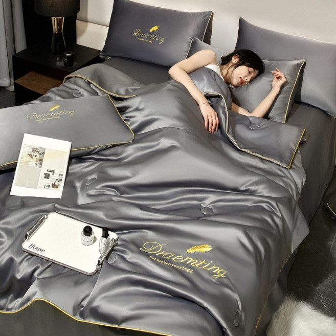 [반전] 시원한 워시 실크 여름이불 베개커버 침대시트 세트 먼지 없는 사계절 워싱 차렵 이불+패드+베개커버 침구 세트4세트