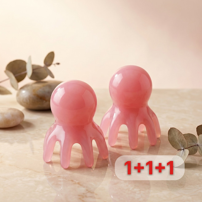 문어 괄사 1+1+1 두피 바디 지압 마사지기, 로즈쿼츠 핑크, 3개