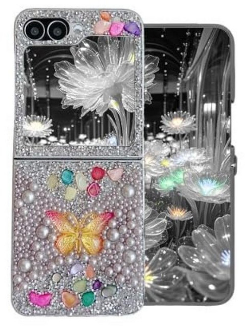 삼성 갤럭시 Z 폴드 6용 럭셔리 블링 폰 케이스 - 크리스탈 라인스톤 & 펄 플립 커버 컬러 스톤 소프트 터치 스프레이 오일 프레임 3D 골든 나비 여성용 글리터 보호, Samsung Galaxy Z Flip 6, 실버