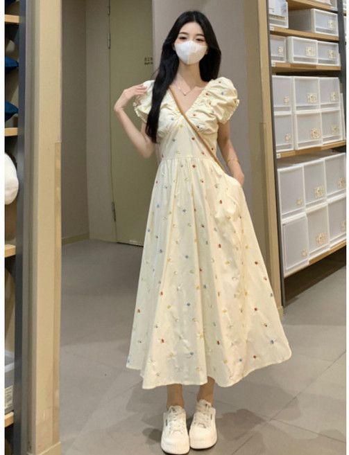 DFMEI 新款甜美溫柔彩色小衆設計連衣裙夏季碎花氣質收腰瘦中長裙子, 2XL