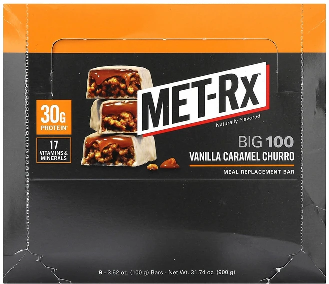 MET-Rx Big 100 식사 대용 바 바닐라 캐러멜 추로 바 9개 각 100g(3.52oz) MET-Rx (메트-Rx), MET-Rx, Big 100, 식사 대용 바, 바닐라, 100g - 쿠팡