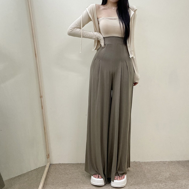 VANANA2 국내제작 여성용 쫀쫀 찰랑 캐주얼 주름 몸매커버 밴딩 롱 와이드 팬츠 3color