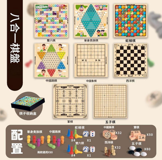 多功能棋盤 飛行棋 西洋棋 五子棋 貓和老鼠 益智桌面遊戲, 八合一多功能棋 中國象棋 五子棋 軍棋 雙六棋 貓和老鼠 蛇梯棋 跳棋 單身貴族棋, 1個