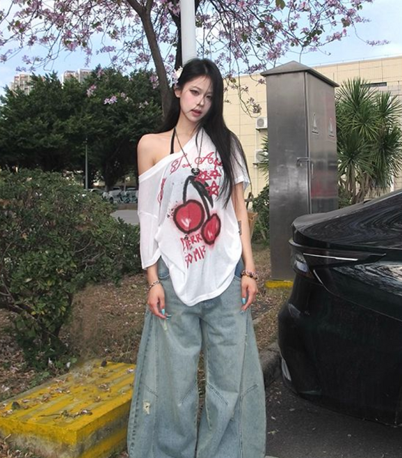 COSYEVNO 오프숄더 반팔티 루즈핏 힙합 빅사이즈 프린트 여름 여성 상의