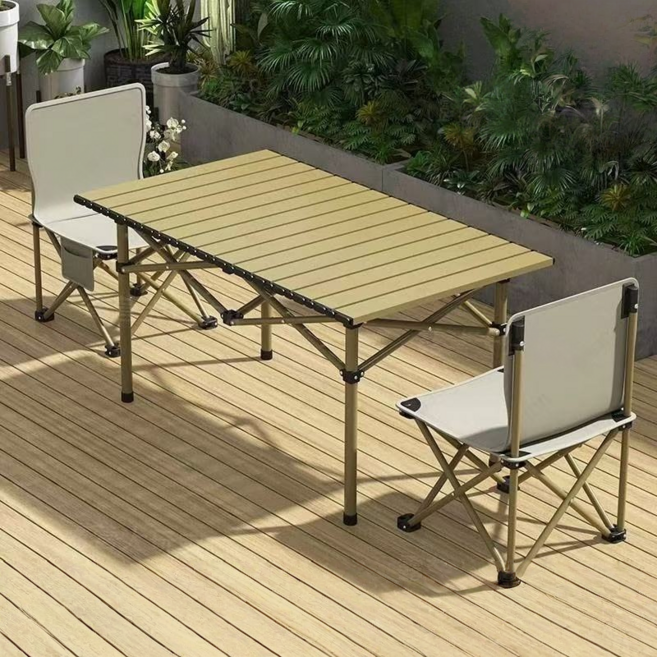 캠핑 접이식 롤 테이블&의자 세트 실내 야외 의자 2개+ 테이블 1개 2인용 세트, 카키