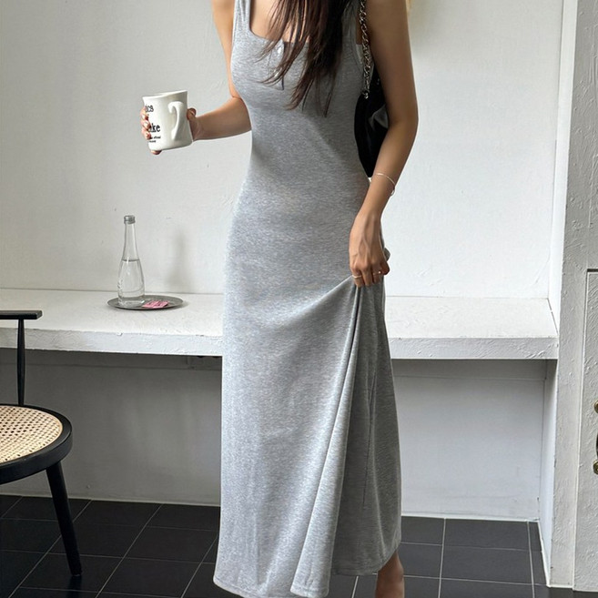 떳다그녀 모이스트 헨리넥원피스 단추원피스 슬리브리스 골지원피스 H라인원피스 스퀘어넥원피스 슬림원피스 바캉스룩 롱원피스